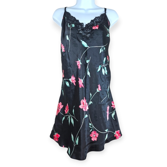 August Silk black pink floral silk chemise slip dress nightgown Womens Large - Picture 1 of 5